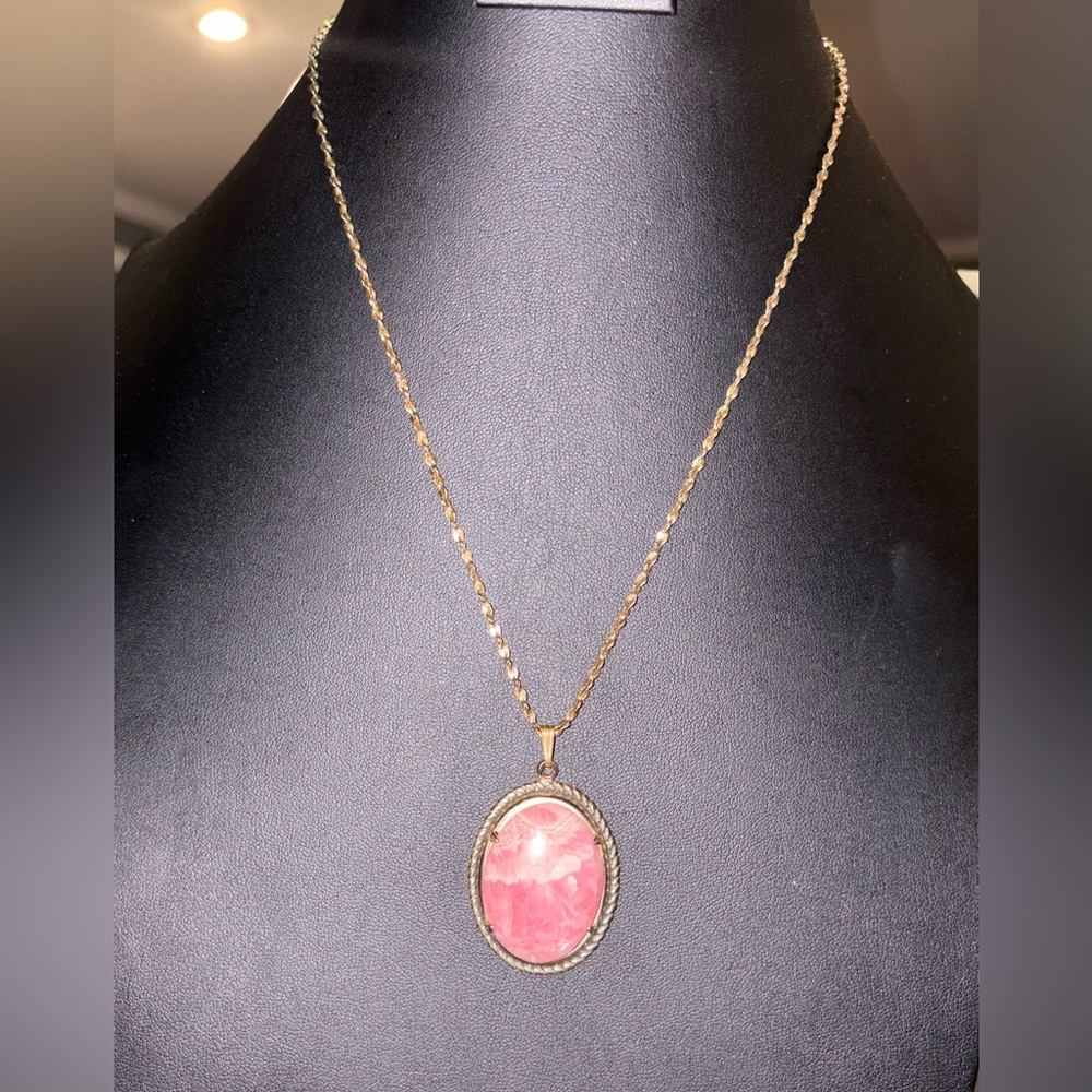 Vintage Gold and Pink rhodochrosite Stone Pendant Necklace